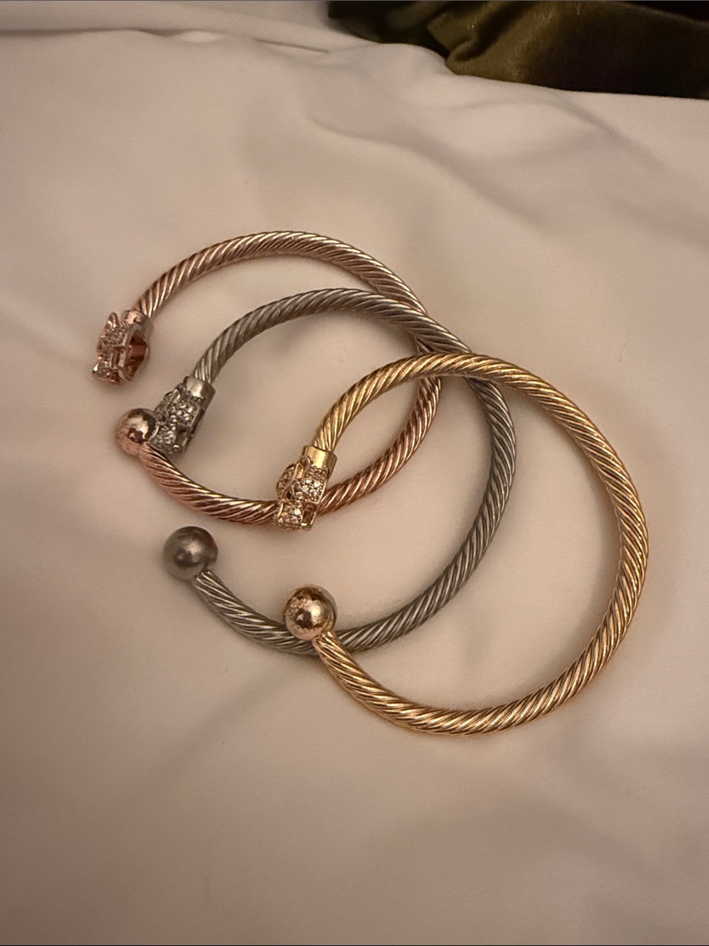 Mixed Metal Cable Cuff Bracelet Trio - Gold, Silver, Rose Gold stainless steel